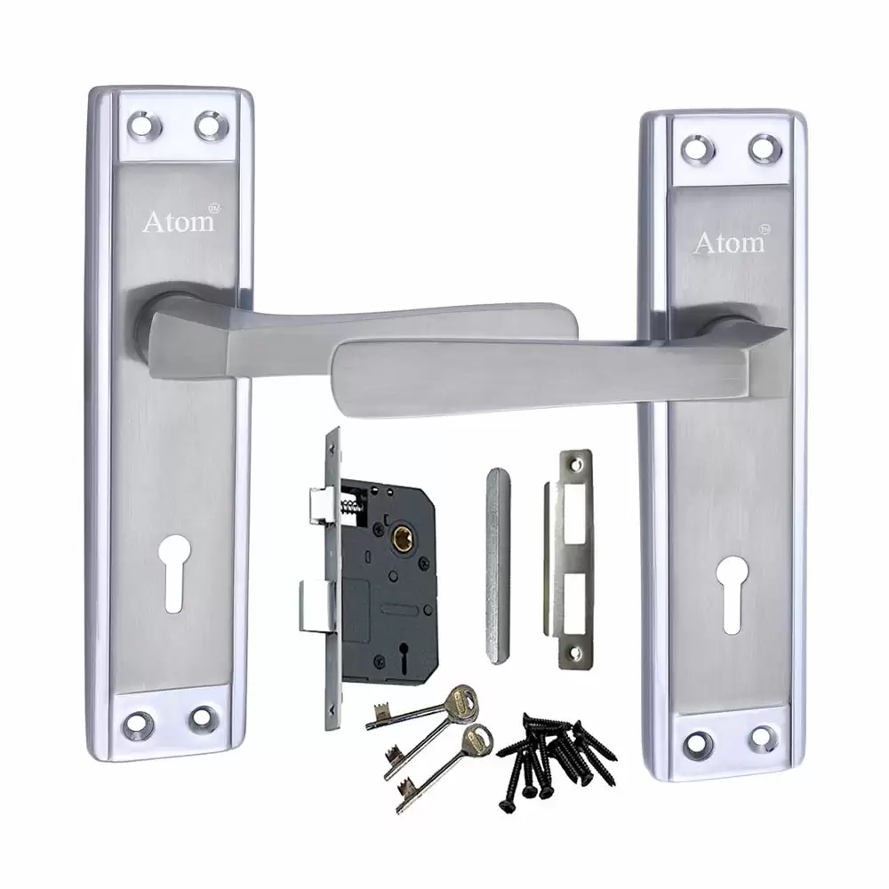 Atom Locks MH-607-KY-CPMATT Brass 7 Inch KY Handle on Plate Door Handleset With Lock Body and Keys (Chrome Plated Matt)