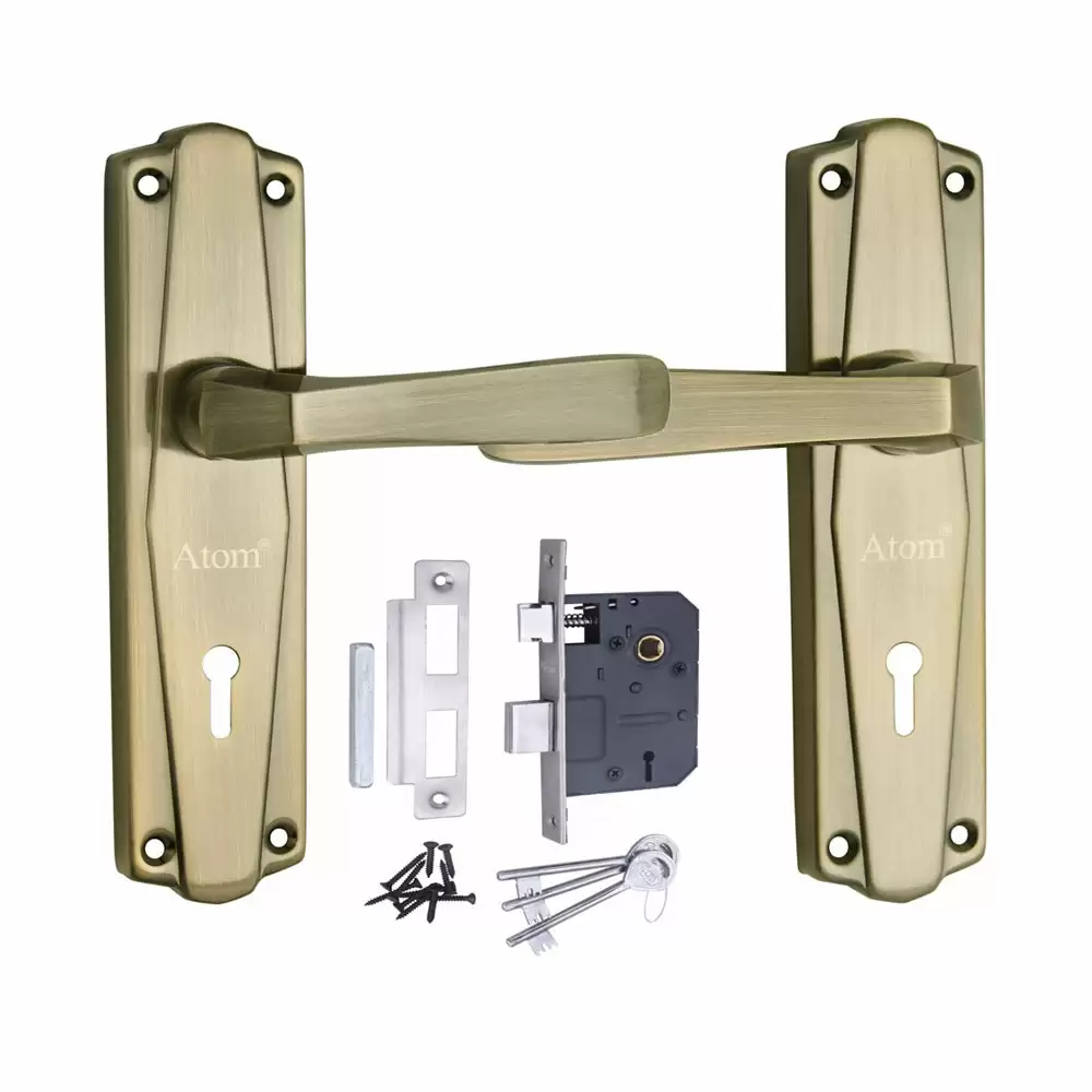 Atom Locks MH-608-KY-BA Brass 7 Inch KY Handle on Plate Door Handleset With Lock Body and Keys (Brass Antique)