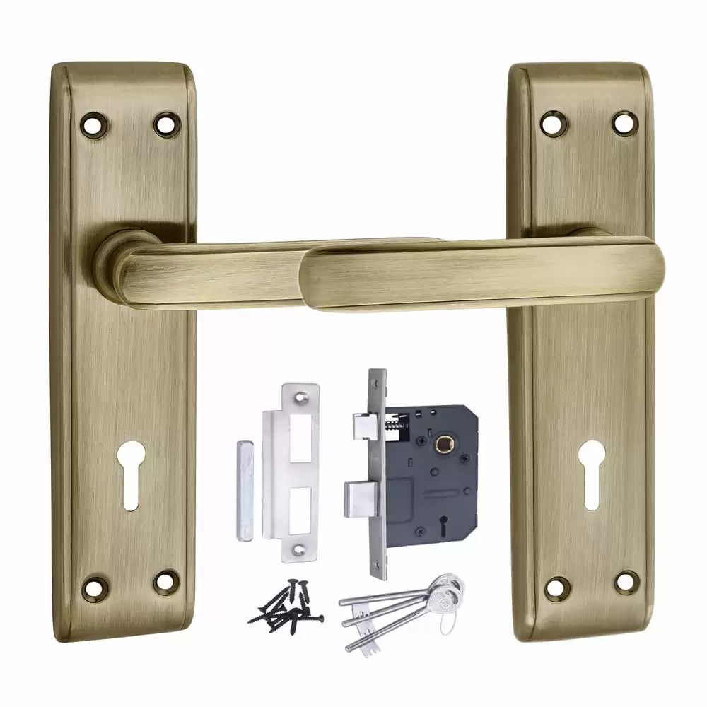 Atom Locks MH-610-KY-BA Brass 7 Inch KY Handle on Plate Door Handleset With Lock Body and Keys (Black Silver)