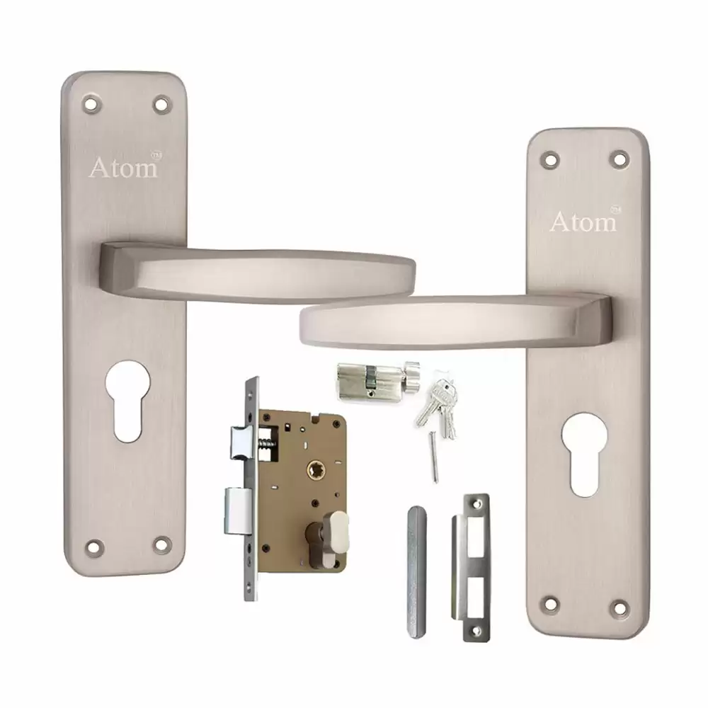 Atom Locks MH-801-CY-SS-OSK Iron 7.5 Inch CY Handle on Plate Door Handleset With Lock Body and Cylinder (Satin)