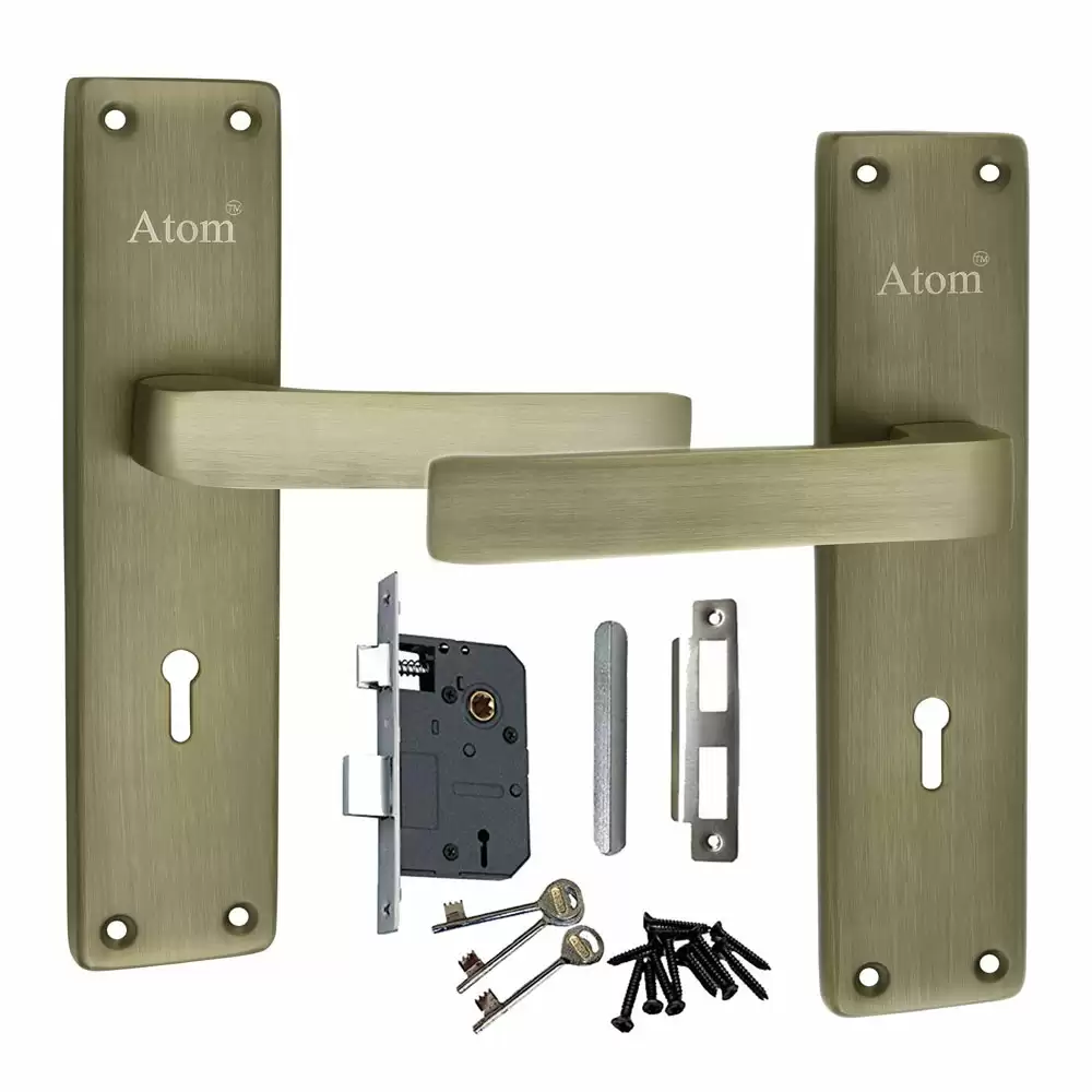 Atom Locks MH-803-KY-BA Iron 7.5 Inch KY Handle on Plate Door Handleset With Lock Body and Keys (Brass Antique)