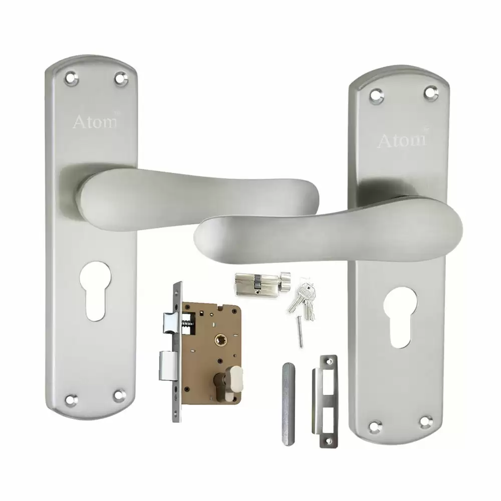 Atom Locks MH-804-CY-SS-OSK Brass 7.5 Inch CY Handle on Plate Door Handleset With Lock Body and Cylinder (Satin)