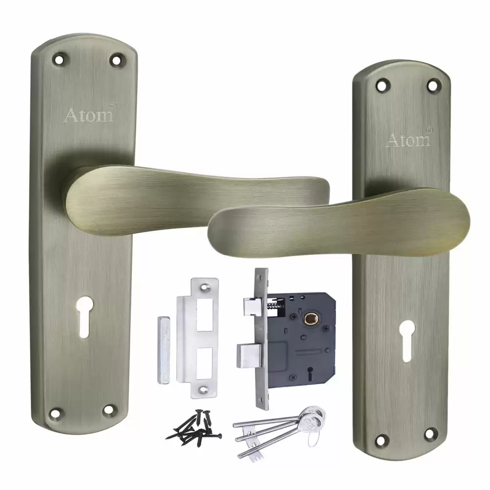 Atom Locks MH-804-KY-BA Brass 7.5 Inch KY Handle on Plate Door Handleset With Lock Body and Keys (Brass Antique)