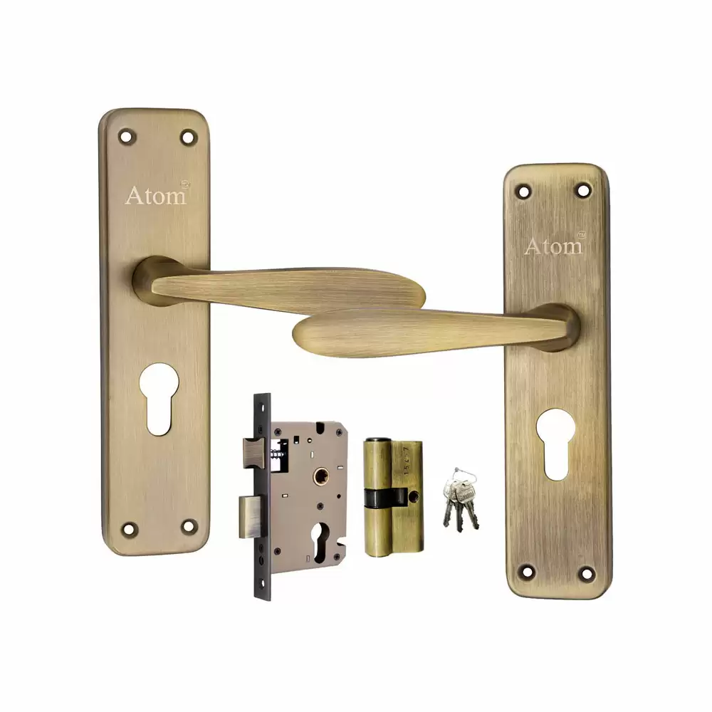 Atom Locks MH-805-CY-BA-BSK Brass 7.5 Inch CY Handle on Plate Door Handleset With Lock Body and Cylinder (Brass Antique)