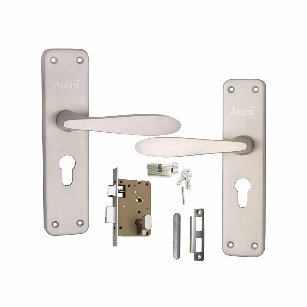 Atom Locks MH-805-CY-SS-OSK Iron 7.5 Inch CY Handle on Plate Door Handleset With Lock Body and Cylinder (Satin)