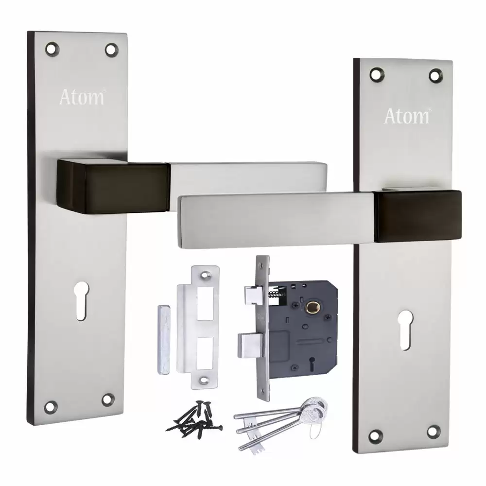 Atom Locks MH-AL51-KY-BS Brass 8 Inch KY Handle on Plate Door Handleset With Lock Body and Keys (Black Silver)