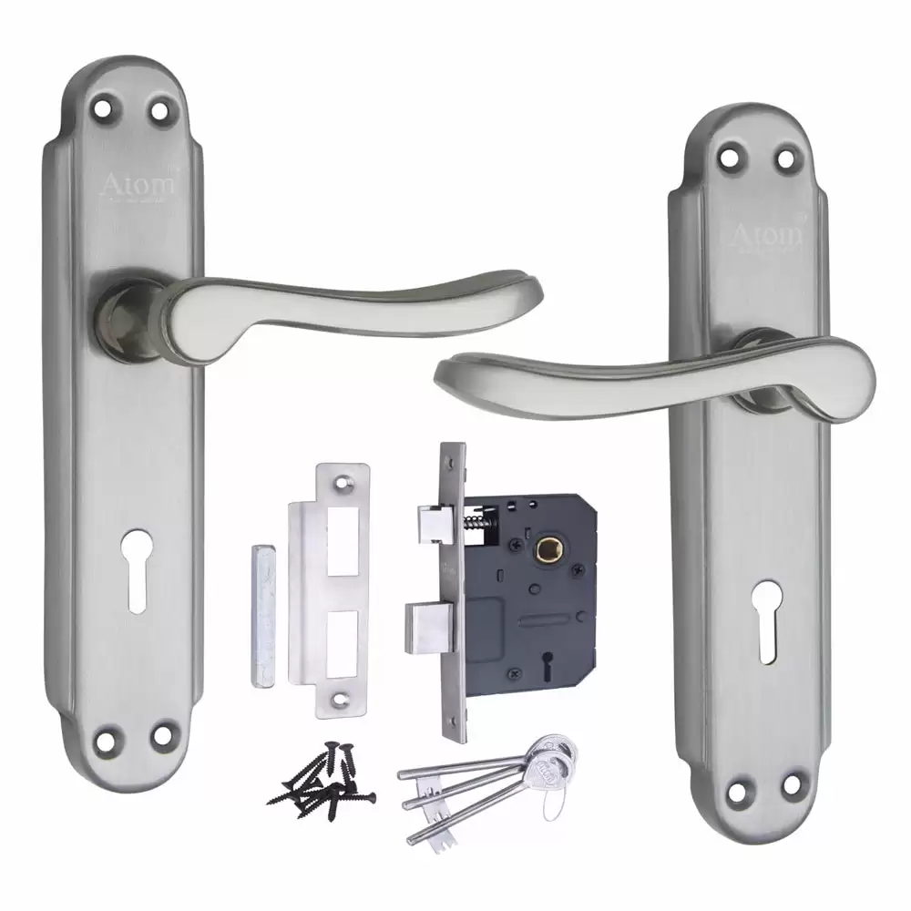 Atom Locks MH-ALFA-KY-SS Zinc 8 Inch KY Handle on Plate Door Handleset With Lock Body and Keys (Satin)