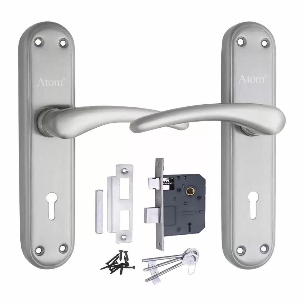 Atom Locks MH-BETA-KY-SS Stainless Steel 8 Inch KY Handle on Plate Door Handleset With Lock Body and Keys (Satin)