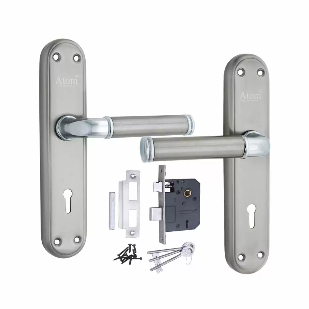 Atom Locks MH-FLORA-KY-SS Stainless Steel KY Handle on Plate Door Handleset With Lock Body and Keys (Satin)