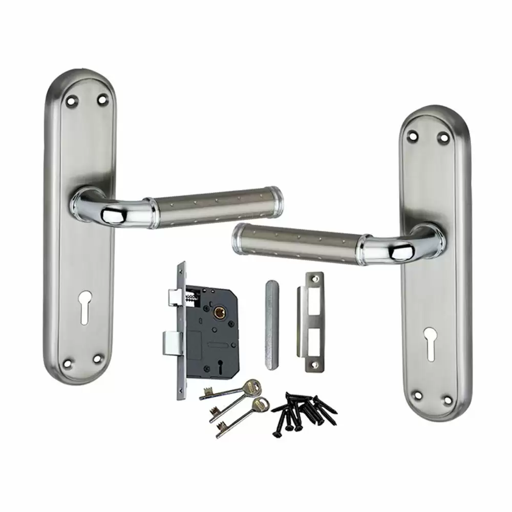 Atom Locks MH-FLORADOTTED-KY-SS Stainless Steel 8 Inch KY Handle on Plate Door Handleset With Lock Body and Keys (Satin)