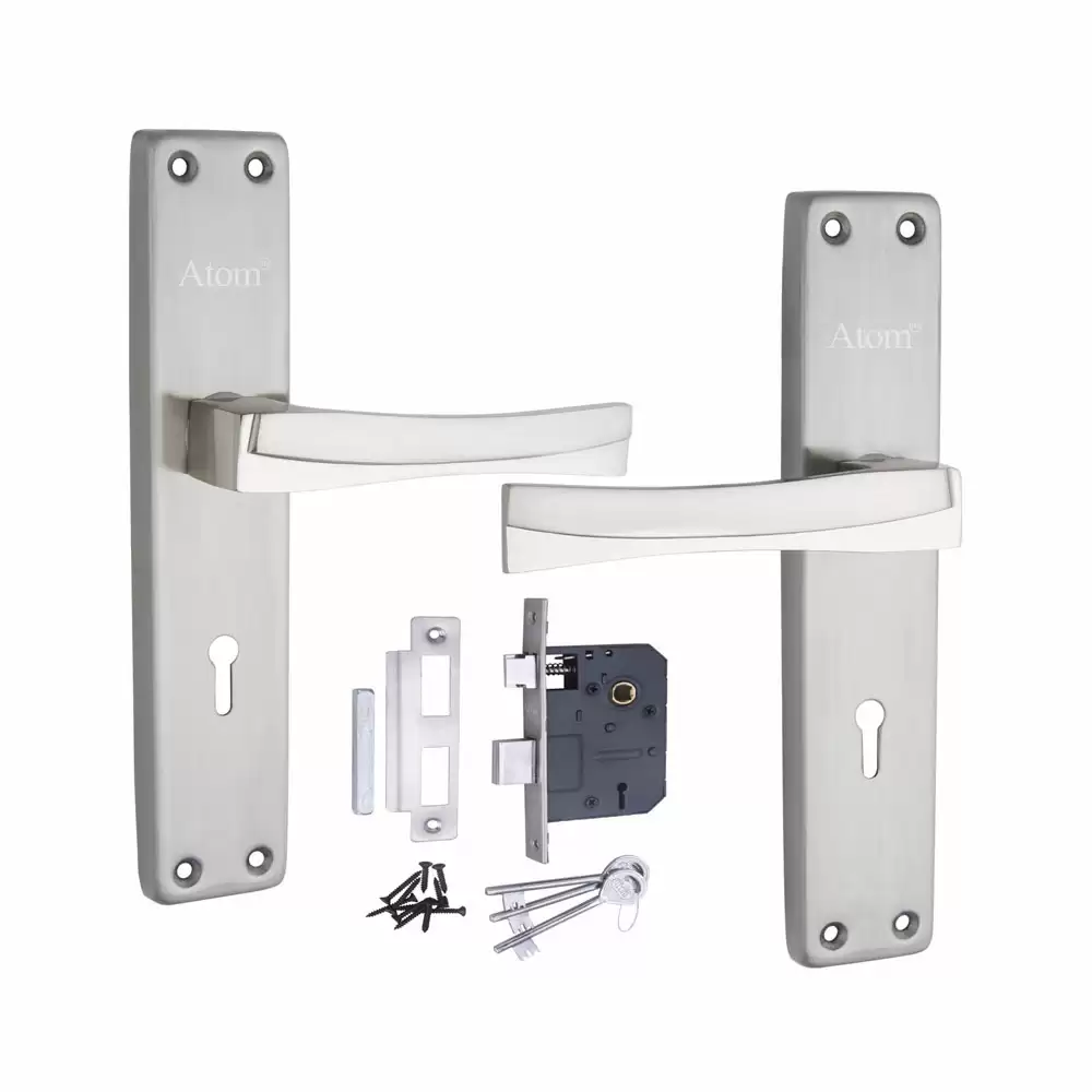 Atom Locks MH-FORTUNE2-KY-SS Stainless Steel KY Handle on Plate Door Handleset With Lock Body and Keys (Satin)