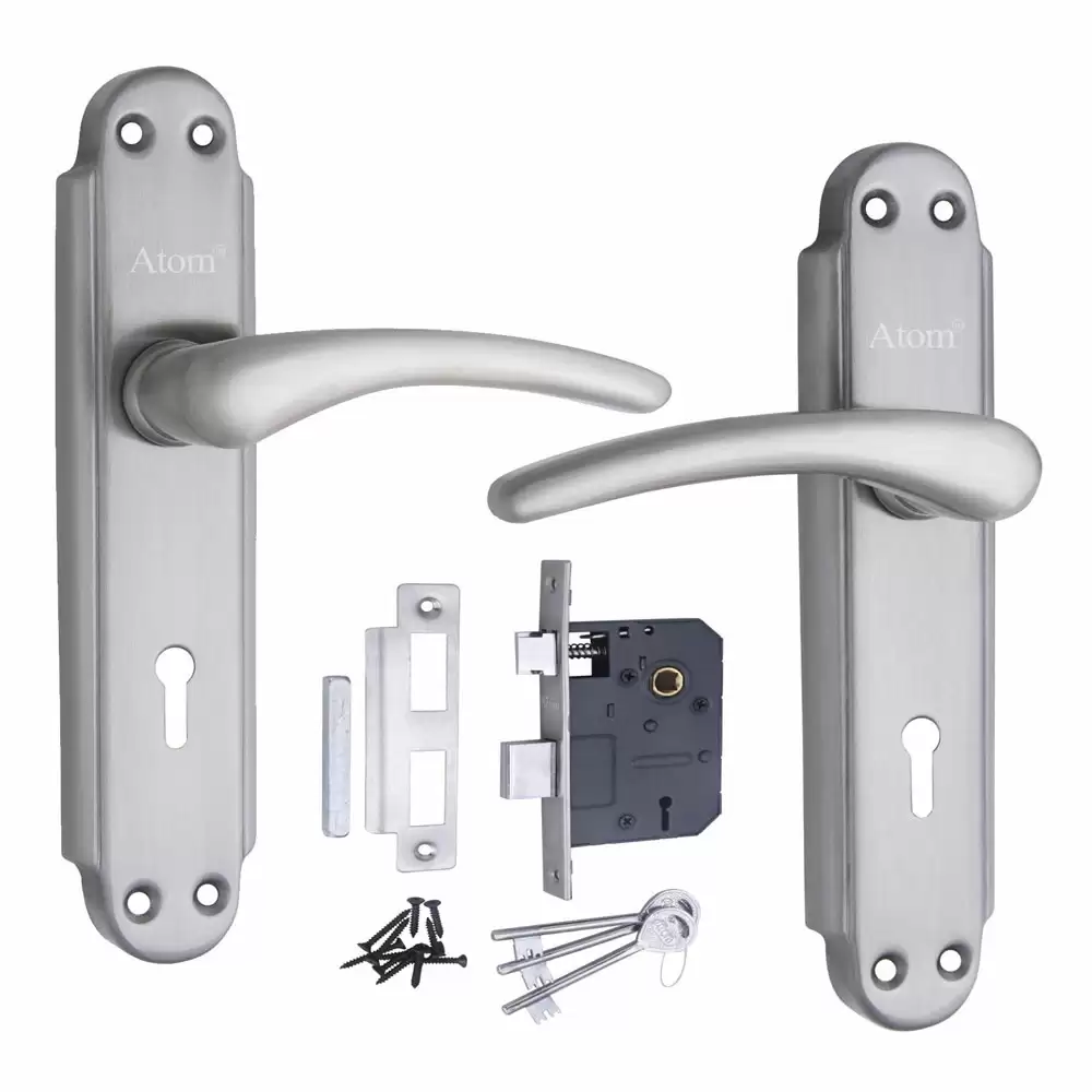 Atom Locks MH-GAMA-KY-SS Zinc KY Handle on Plate Door Handleset With Lock Body and Keys (Satin)