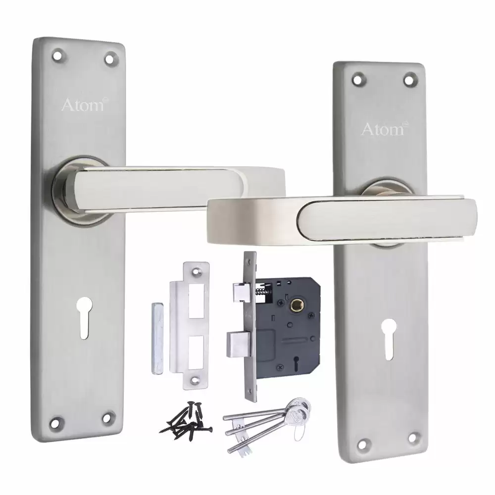 Atom Locks MH-JUPITER-KY-SS Stainless Steel KY Handle on Plate Door Handleset With Lock Body and Keys (Satin)