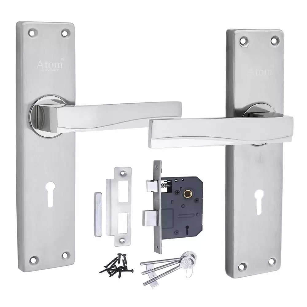 Atom Locks MH-JUPITER2-KY-SS Stainless Steel KY Handle on Plate Door Handleset With Lock Body and Keys (Satin)