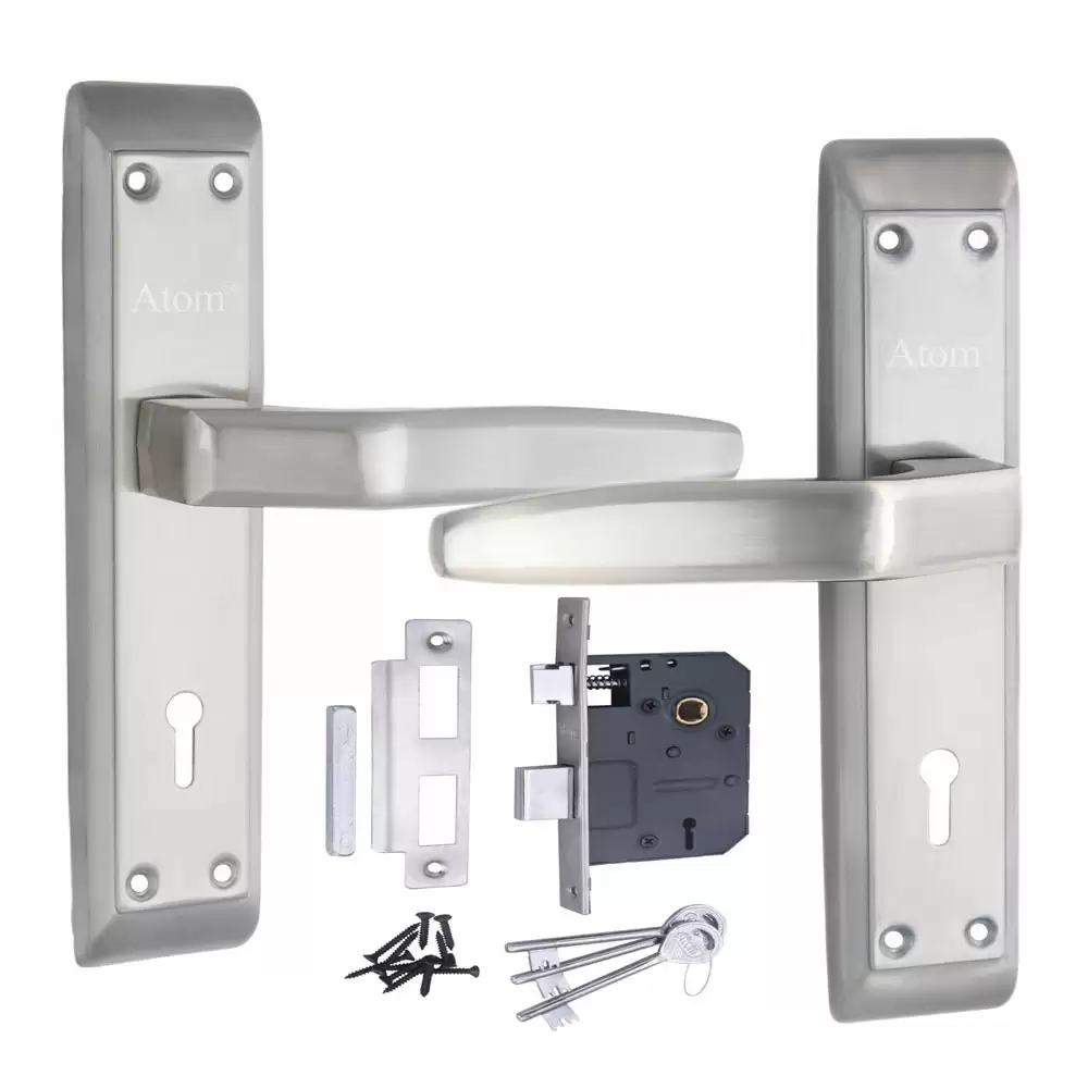 Atom Locks MH-LINUS-KY-SS Zinc KY Handle on Plate Door Handleset With Lock Body and Keys (Satin)