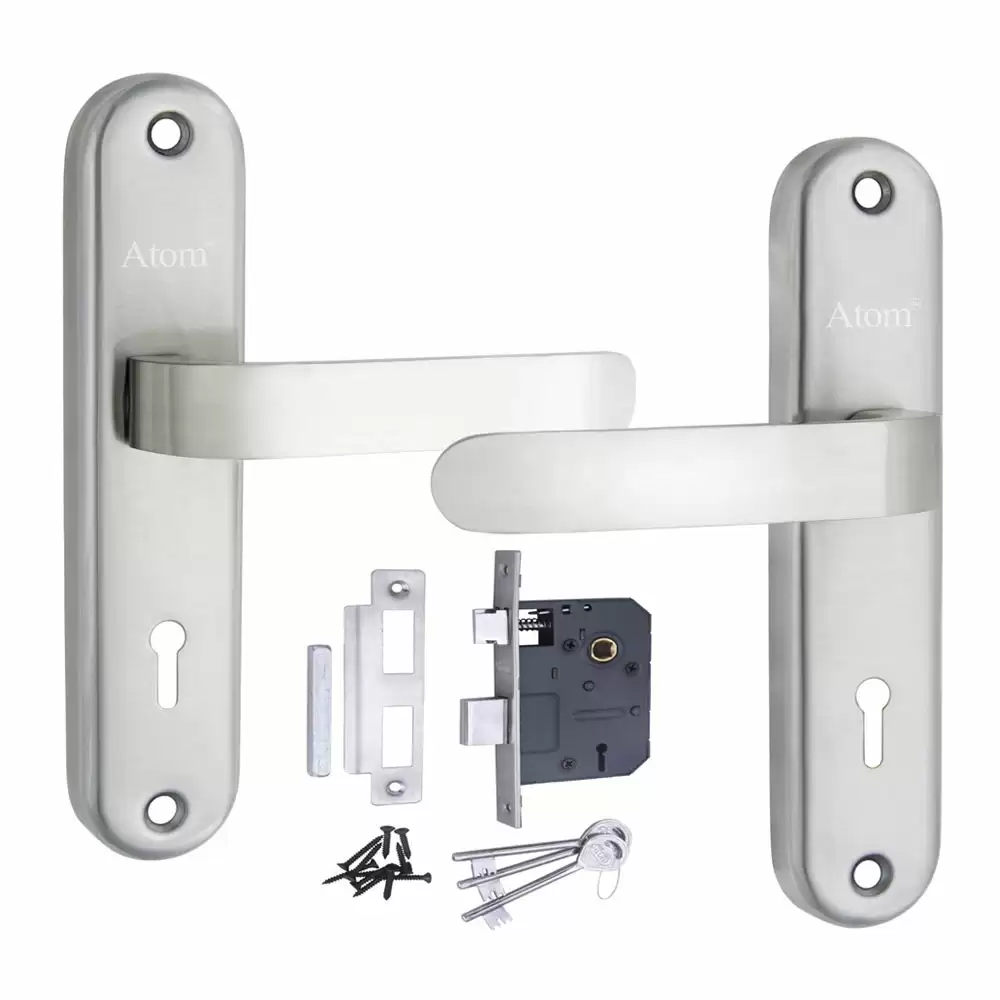 Atom Locks MH-LIZA-KY-SS Stainless Steel KY Handle on Plate Door Handleset With Lock Body and Keys (Satin)