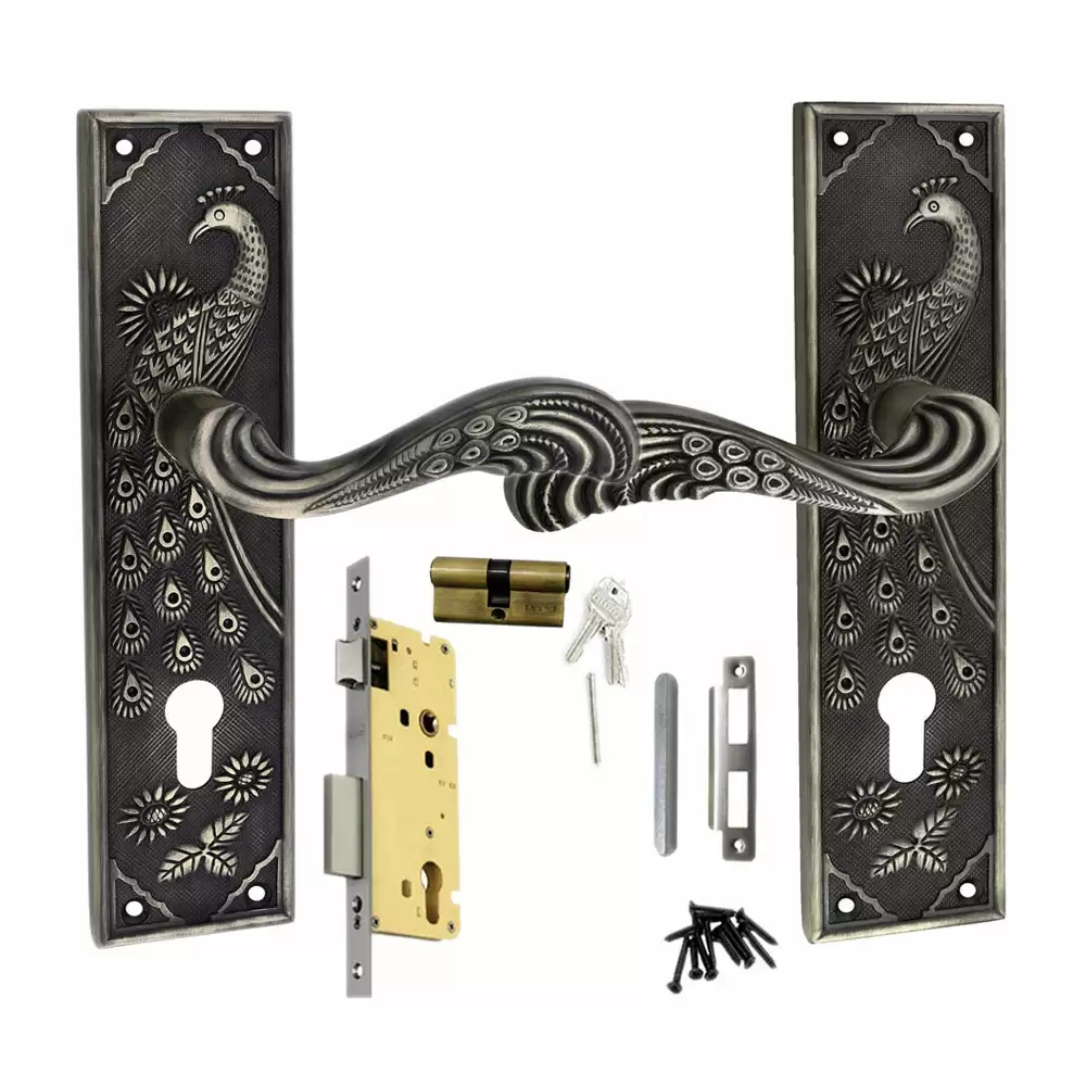 Atom Locks MH-MAYUR-BSK70-BA Zinc Handle on Plate Door Handleset With Lock Body and Keys (Brass Antique)