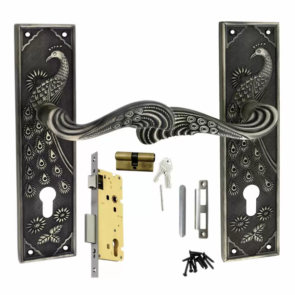 Atom Locks MH-MAYUR-CY-BA-BSK60 Brass CY Handle on Plate Door Handleset With Lock Body and Cylinder (Brass Antique)