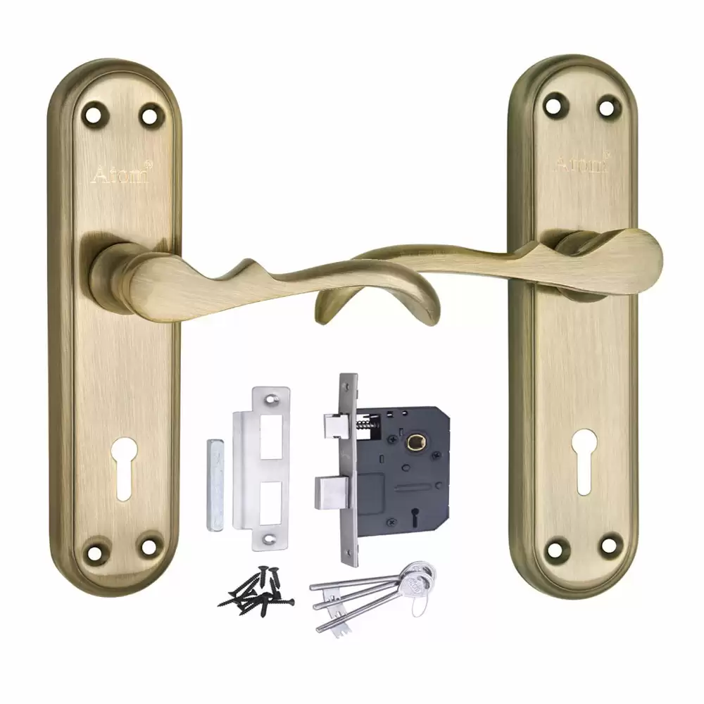 Atom Locks MH-MERCURY-KY-BA Brass KY Handle on Plate Door Handleset With Lock Body and Keys (Brass Antique)