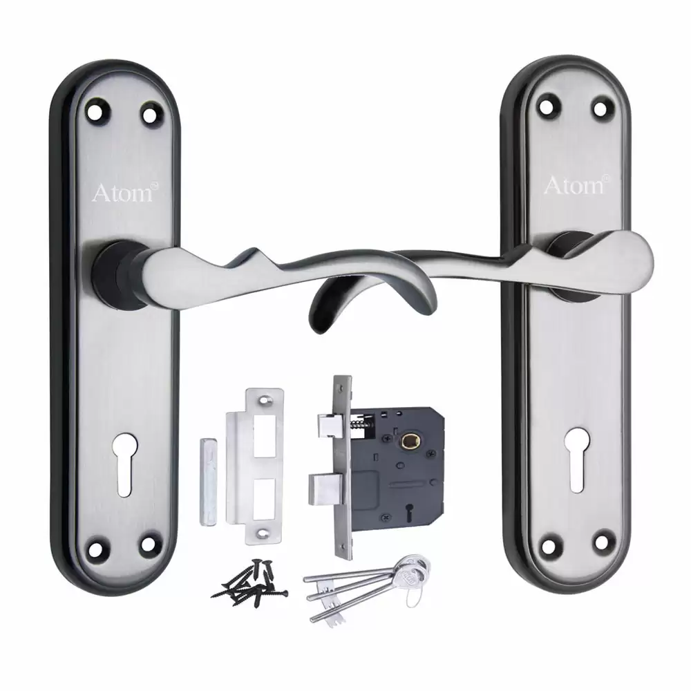 Atom Locks MH-MERCURY-KY-BS Brass KY Handle on Plate Door Handleset With Lock Body and Keys (Black Silver)