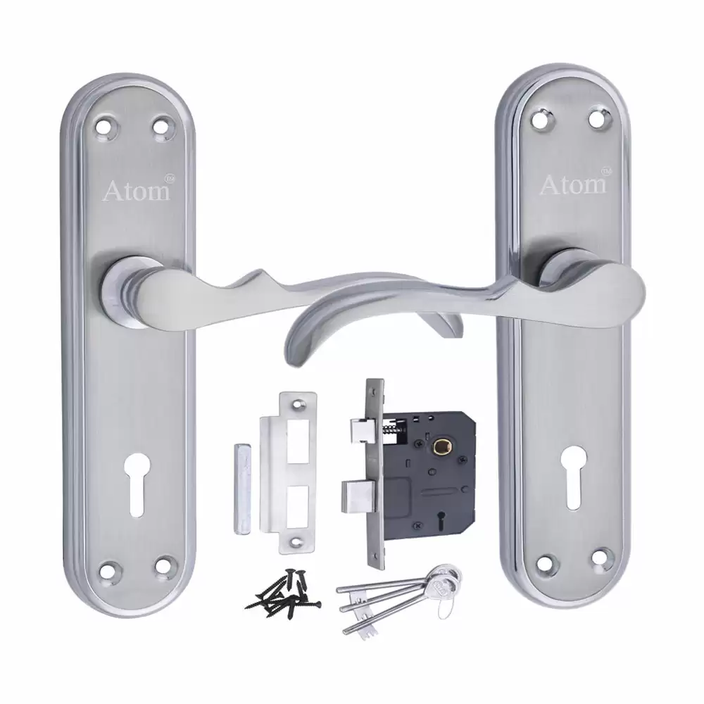 Atom Locks MH-MERCURY-KY-CPMATT Brass 7 Inch KY Handle on Plate Door Handleset With Lock Body and Keys (Chrome Plated Matt)