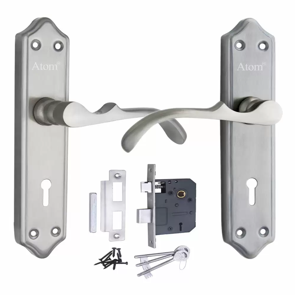 Atom Locks MH-MERCURY-KY-SS Brass KY Handle on Plate Door Handleset With Lock Body and Keys (Satin)