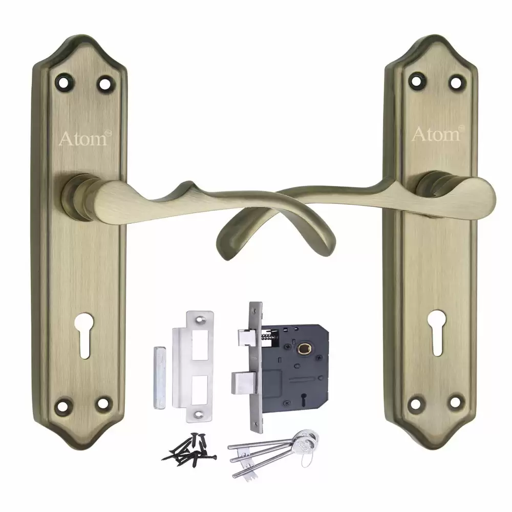 Atom Locks MH-MERCURYSS-KY-BA Brass KY Handle on Plate Door Handleset With Lock Body and Keys (Brass Antique)