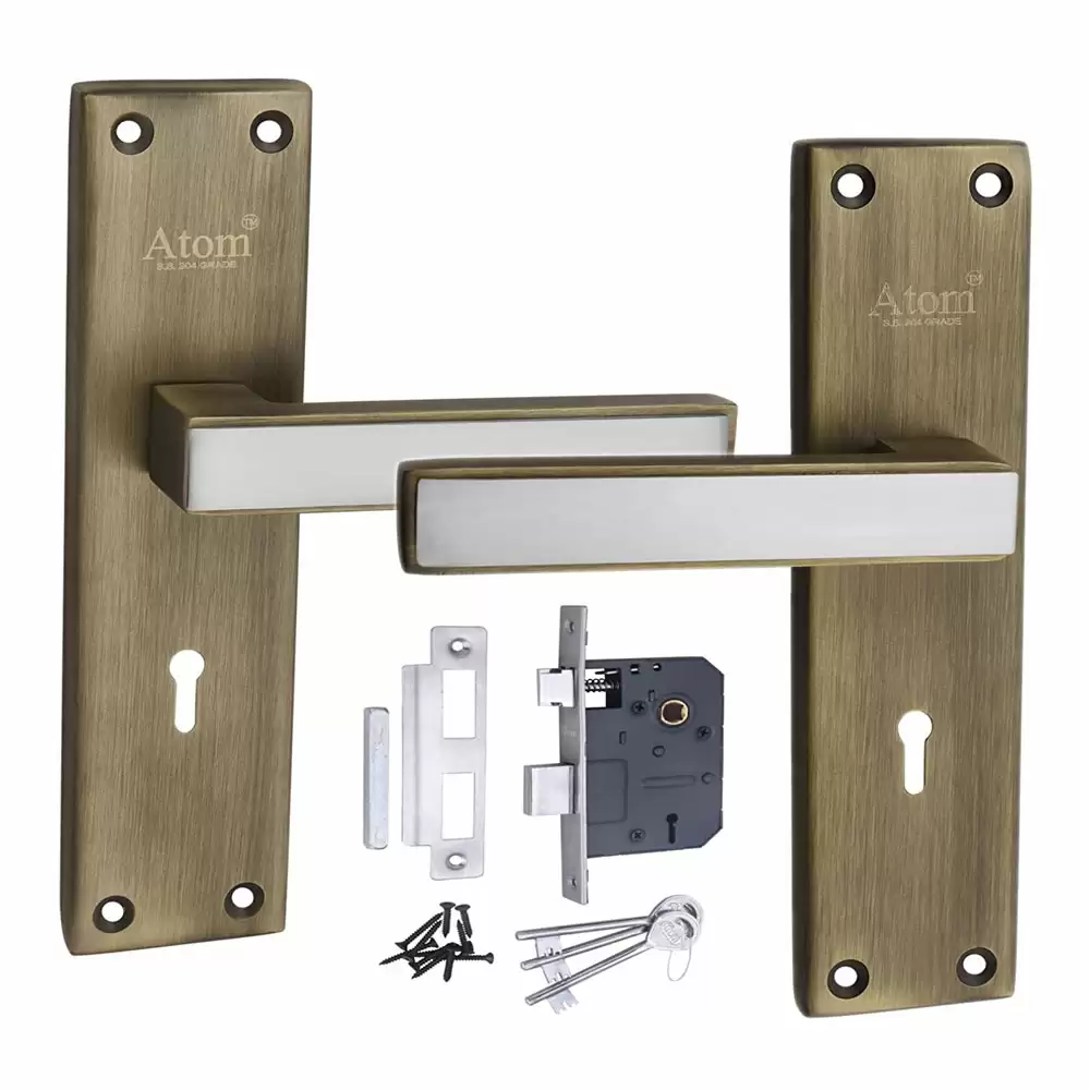 Atom Locks MH-MICROSAT-KY-BA Brass KY Handle on Plate Door Handleset With Lock Body and Keys (Brass Antique)