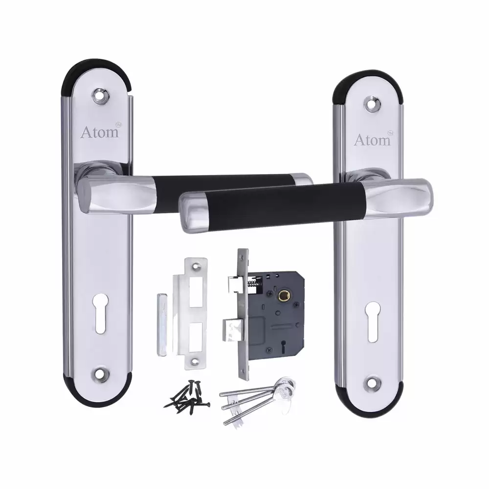 Atom Locks MH-MZ1-KY-CP-BLK Iron KY Handle on Plate Door Handleset With Lock Body and Keys (Chrome Plated Matt)