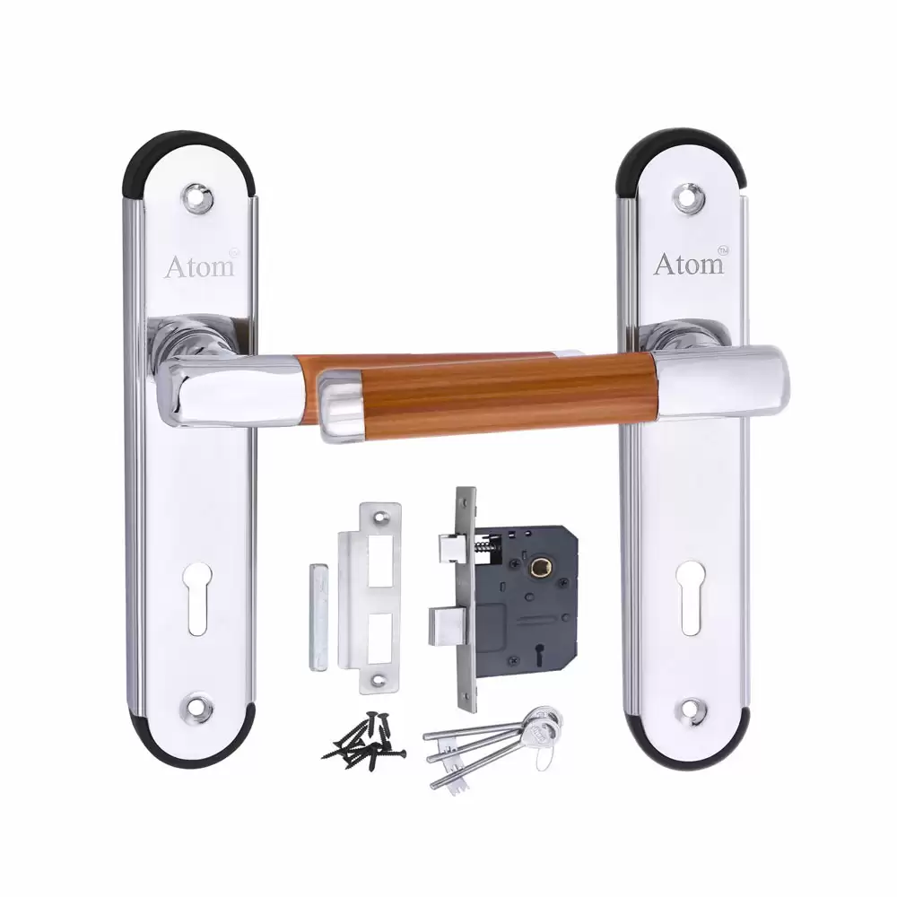 Atom Locks MH-MZ1-KY-CP-TEAK Stainless Steel KY Handle on Plate Door Handleset With Lock Body and Keys (Chrome Plated Matt)