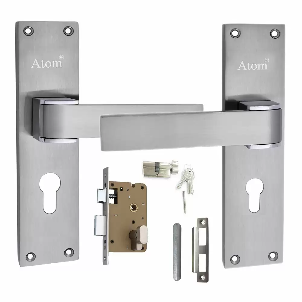 Atom Locks MH-O34-CY-SS-OSK Zinc CY Handle on Plate Door Handleset With Lock Body and Cylinder (Satin)