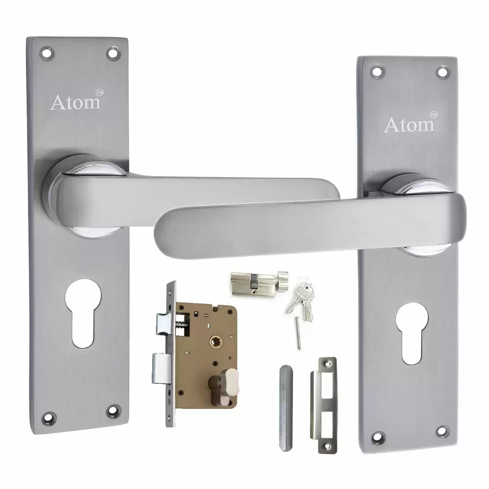 Atom Locks MH-O35-CY-SS-OSK Brass CY Handle on Plate Door Handleset With Lock Body and Cylinder (Satin)