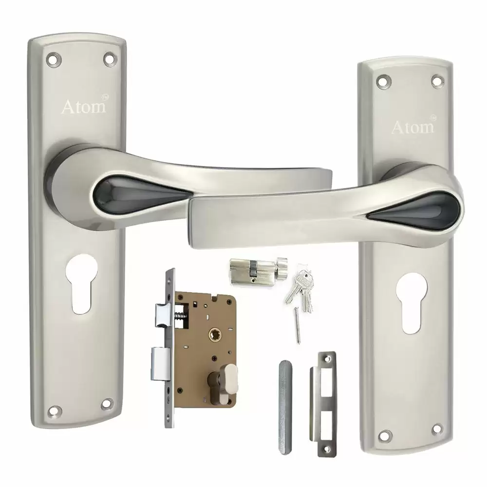 Atom Locks MH-O38-CY-SS-OSK Brass CY Handle on Plate Door Handleset With Lock Body and Cylinder (Satin)