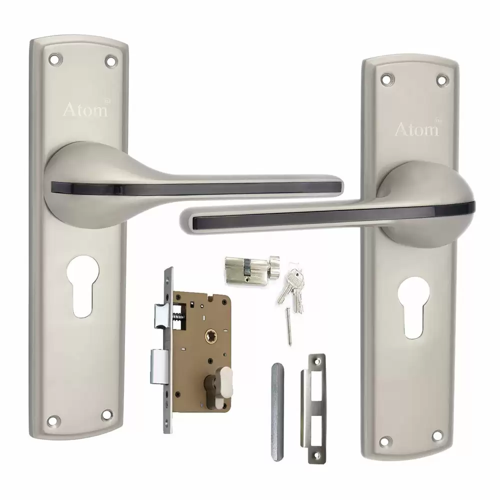 Atom Locks MH-O39-CY-SS-OSK Zinc CY Handle on Plate Door Handleset With Lock Body and Cylinder (Satin)