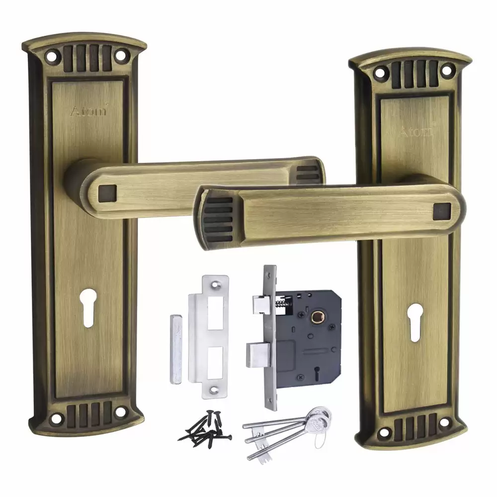 Atom Locks MH-O40-KY-BA Brass KY Handle on Plate Door Handleset With Lock Body and Keys (Brass Antique)