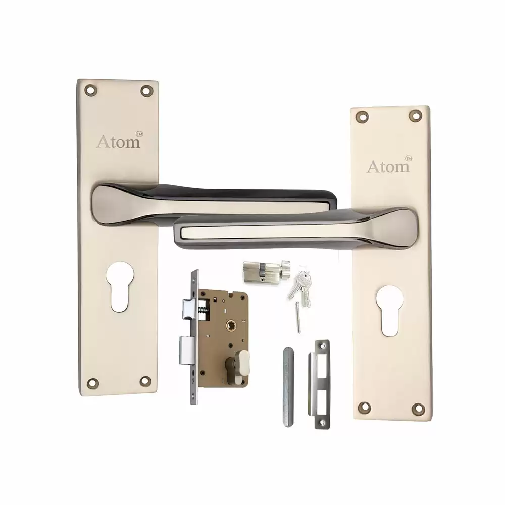 Atom Locks MH-O45-CY-SS-OSK Zinc CY Handle on Plate Door Handleset With Lock Body and Cylinder (Satin)