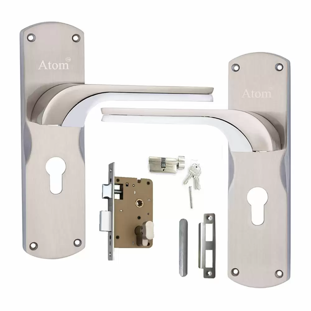 Atom Locks MH-O46-CY-SS-OSK Zinc CY Handle on Plate Door Handleset With Lock Body and Cylinder (Satin)