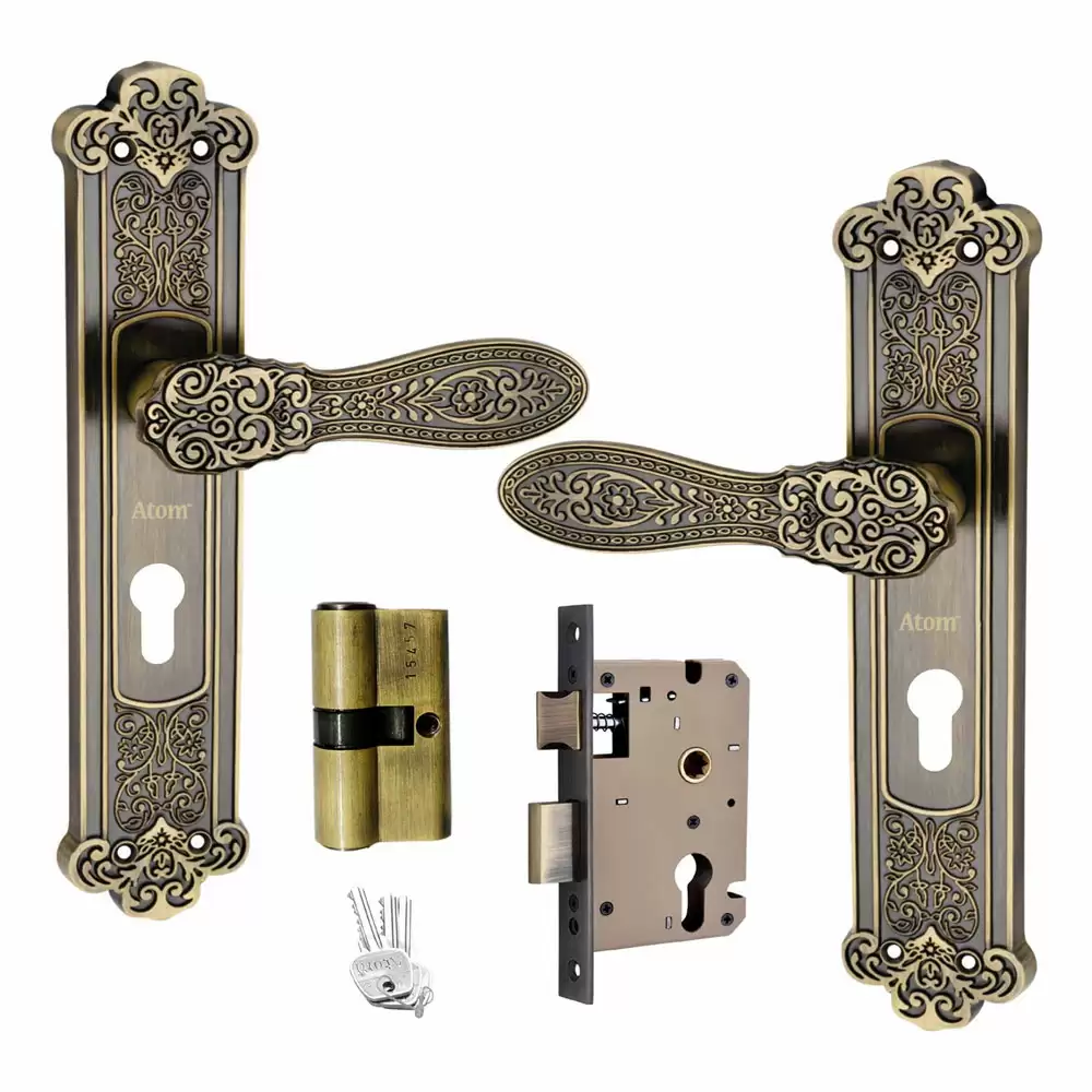 Atom Locks MH-O49-CY-BA-BSK Brass CY Handle on Plate Door Handleset With Lock Body and Cylinder (Brass Antique)