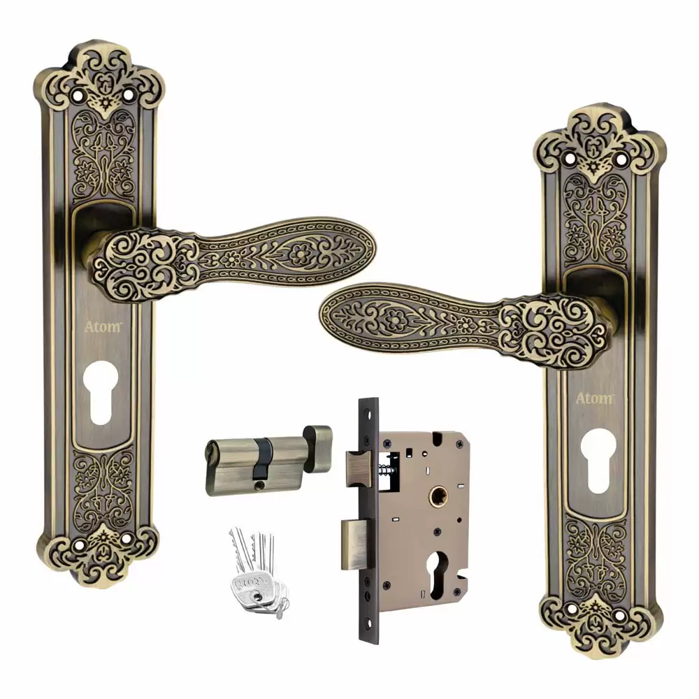 Atom Locks MH-O49-CY-BA-OSK Brass CY Handle on Plate Door Handleset With Lock Body and Cylinder (Brass Antique)