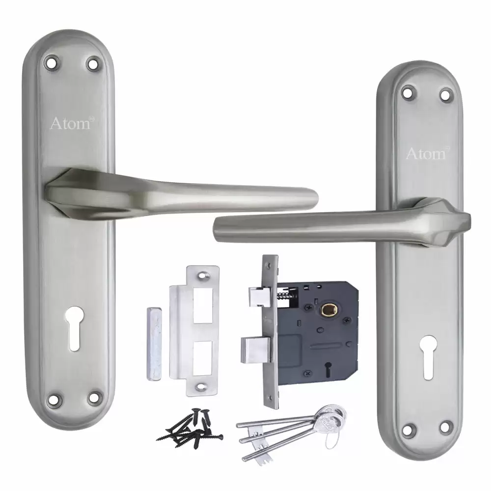 Atom Locks MH-ORBIT-KY-SS Brass KY Handle on Plate Door Handleset With Lock Body and Keys (Satin)