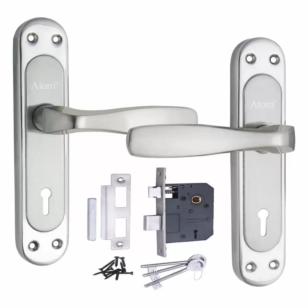 Atom Locks MH-PANDA-CY-SS-OSK Stainless Steel CY Handle on Plate Door Handleset With Lock Body and Cylinder (Satin)