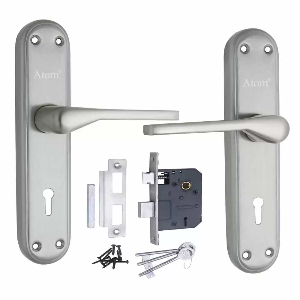 Atom Locks MH-PENTA-KY-SS Brass KY Handle on Plate Door Handleset With Lock Body and Keys (Satin)