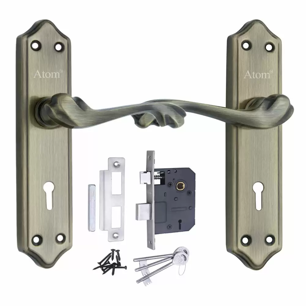 Atom Locks MH-PLUTO-KY-BA Brass KY Handle on Plate Door Handleset With Lock Body and Keys (Brass Antique)