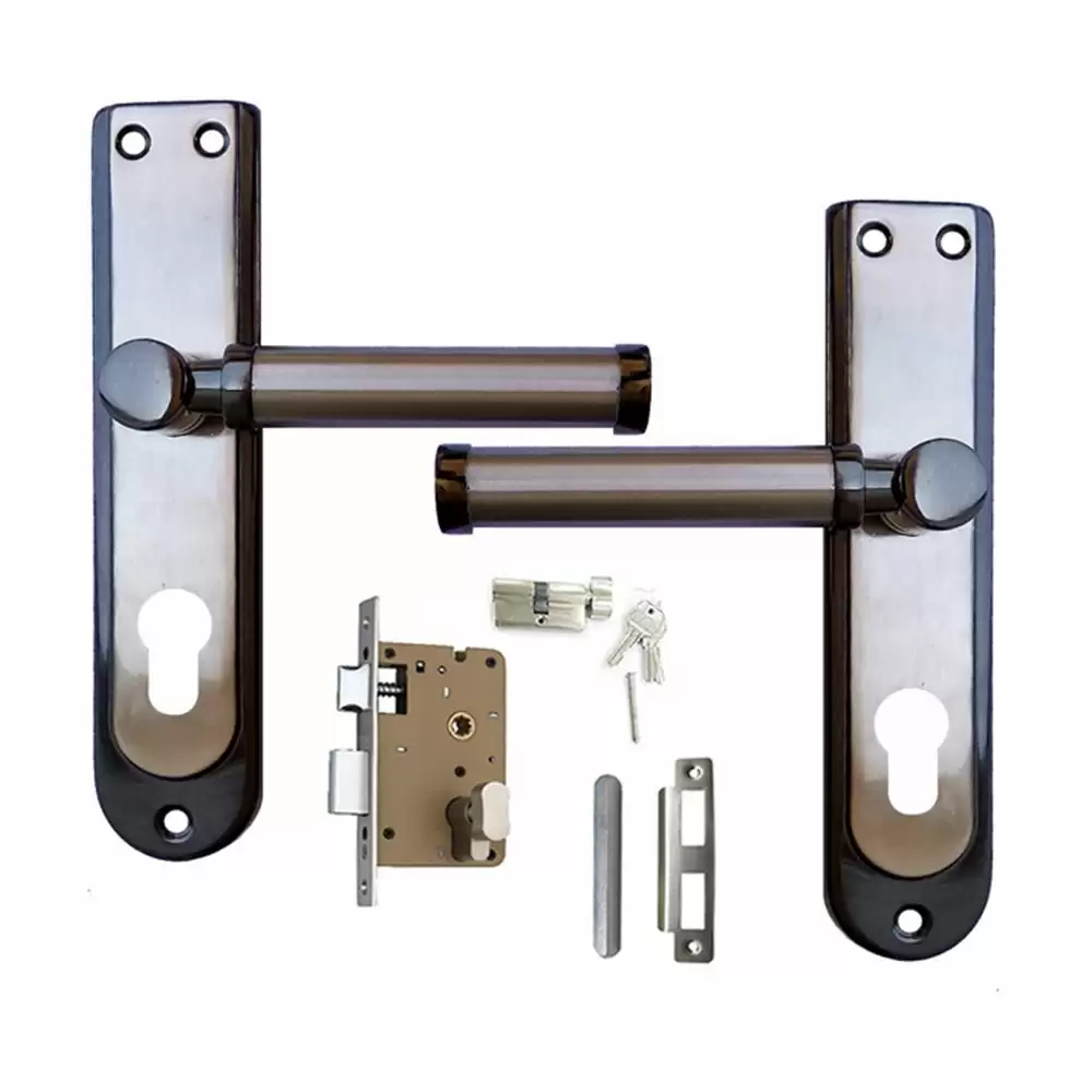 Atom Locks MH-SZ01-CY-BS-OSK Brass CY Handle on Plate Door Handleset With Lock Body and Cylinder (Black Silver)