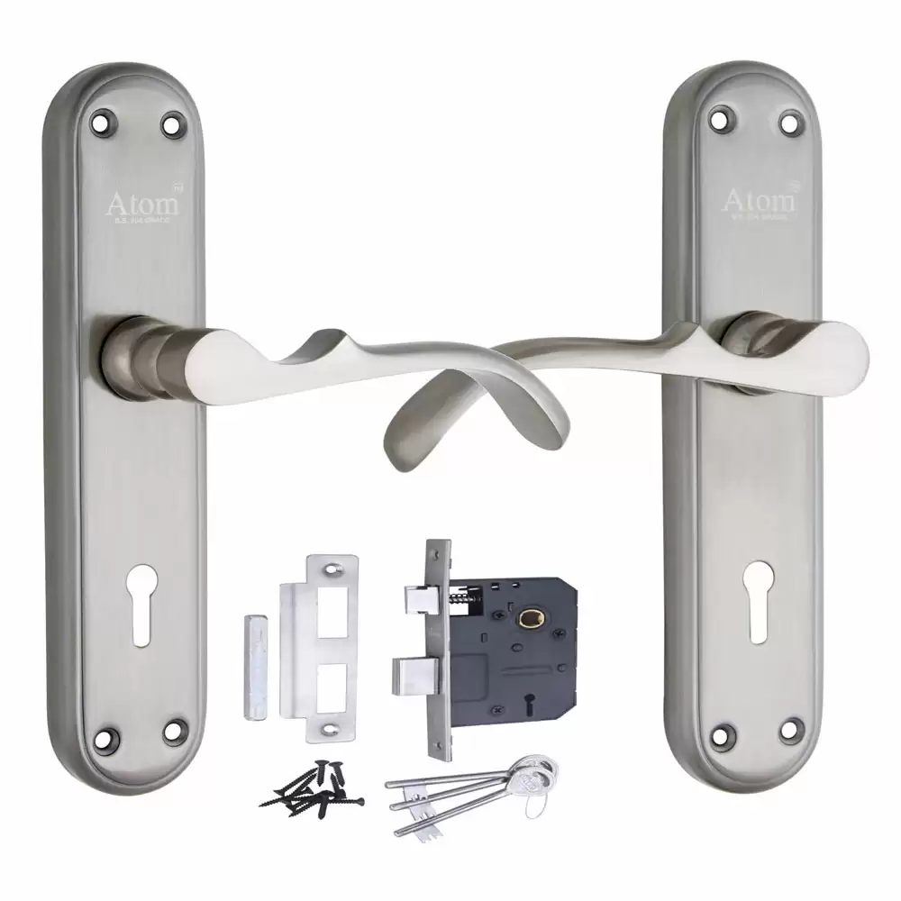 Atom Locks MH-VENUS-KY-SS Brass KY Handle on Plate Door Handleset With Lock Body and Keys (Satin)