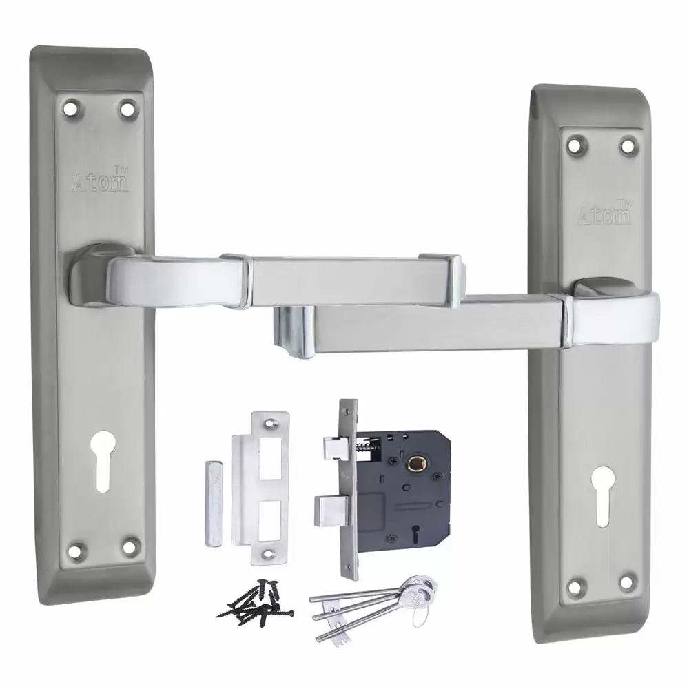 Atom Locks MH-VISTA-KY-SS Stainless Steel KY Handle on Plate Door Handleset With Lock Body and Keys (Satin)