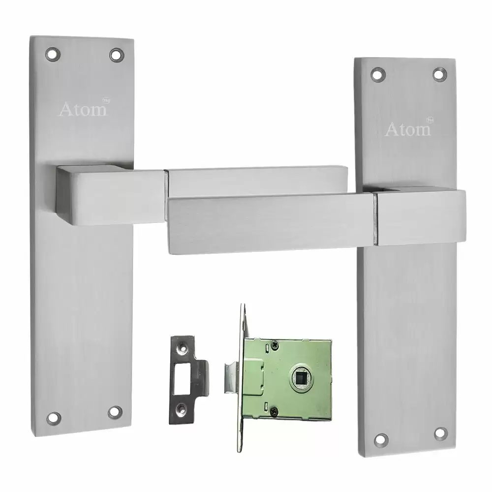 Atom Locks MH-WIH51-CLOSED-SS Brass Handle on Plate Door Handleset With Lock Body and Keys (Satin)