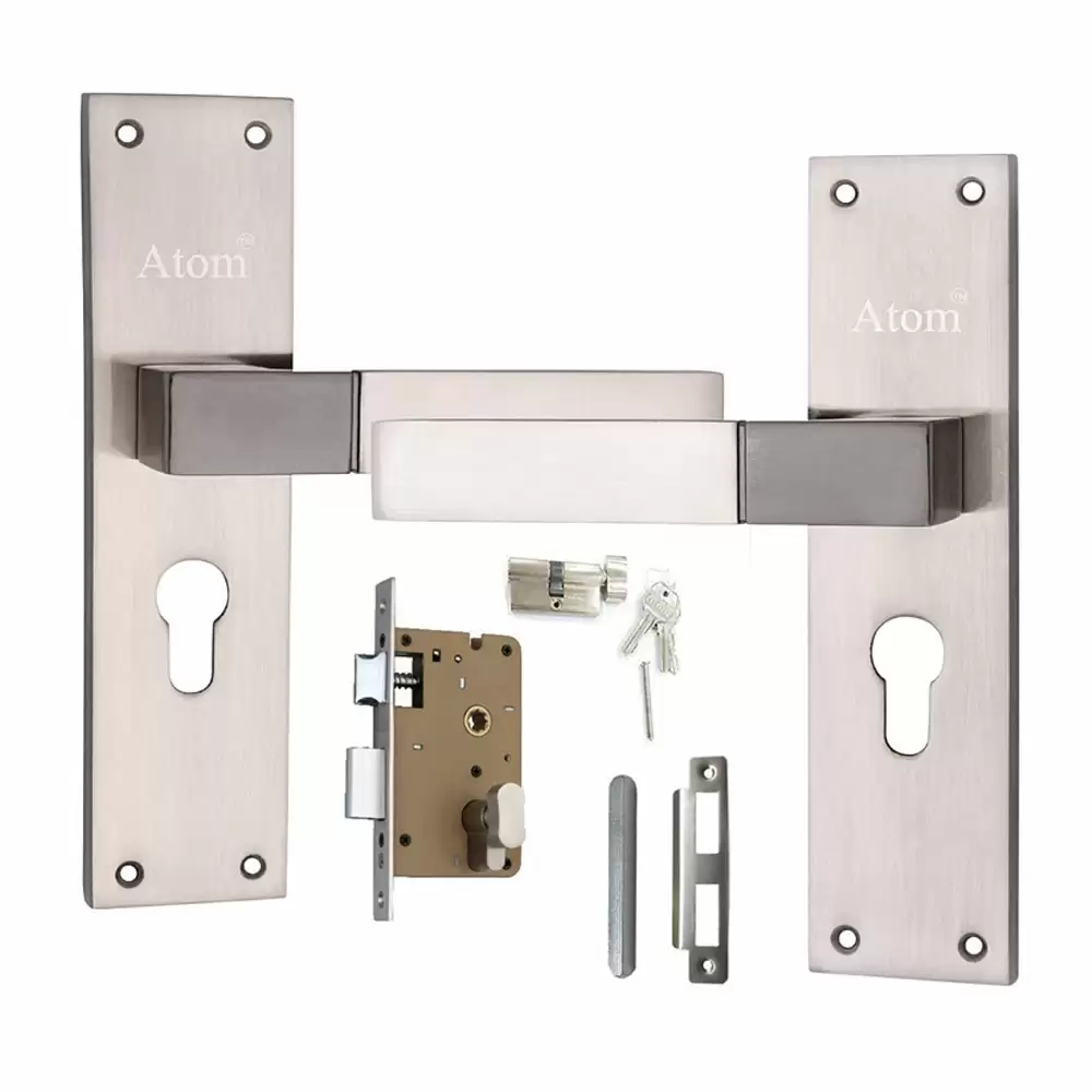 Atom Locks MH-WIH51-CY-BS-OSK Brass CY Handle on Plate Door Handleset With Lock Body and Cylinder (Satin)