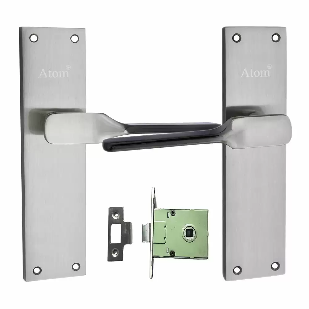 Atom Locks MH-WIH52-CLOSED-BS Brass Handle on Plate Door Handleset With Lock Body and Keys (Satin)