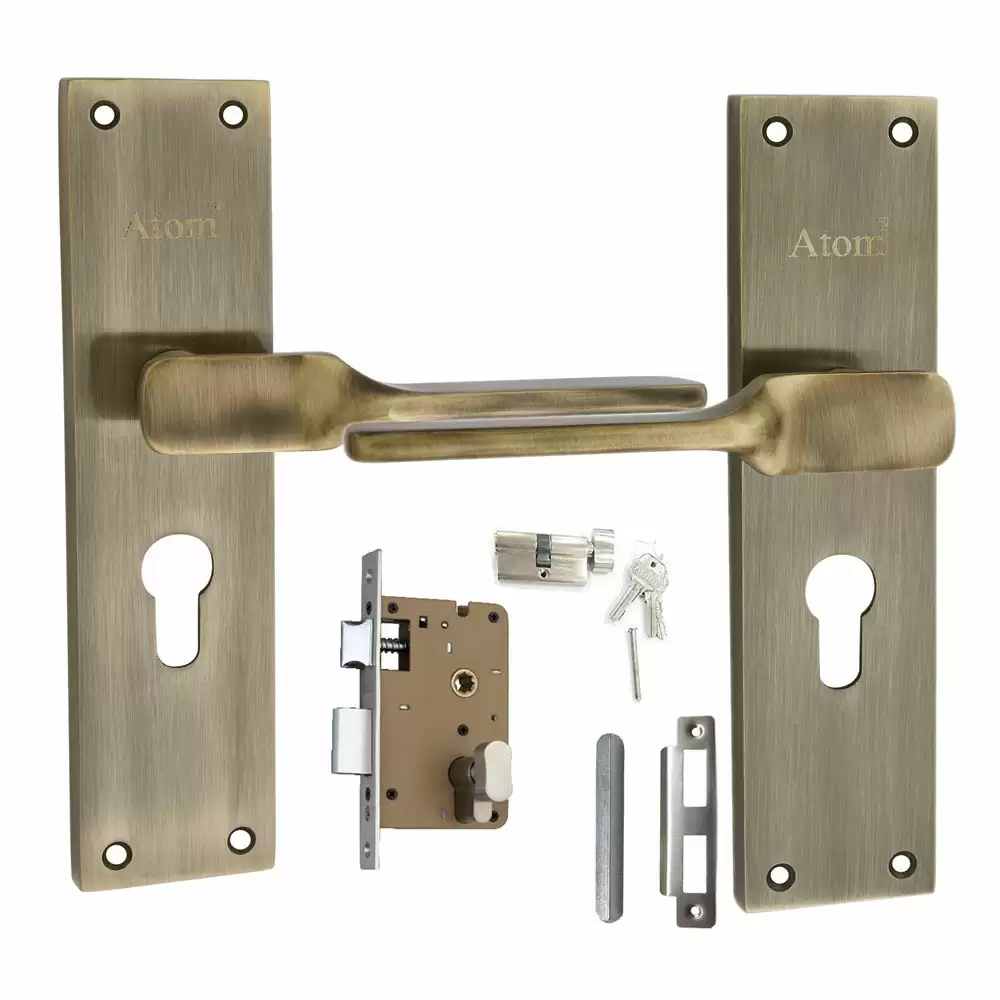 Atom Locks MH-WIH52-CY-BA-OSK Brass CY Handle on Plate Door Handleset With Lock Body and Cylinder (Antique)